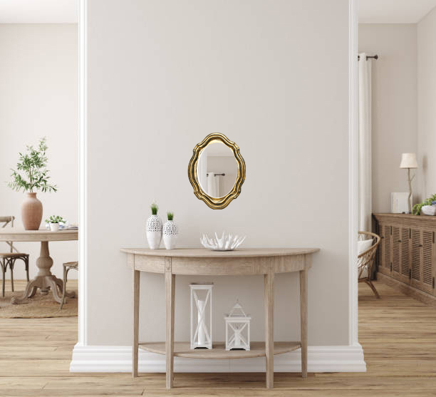 Scandinavian farmhouse living room interior, wall mockup, 3d render